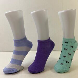 Womens Ankle Socks Set 3 Stripes Bow Print Purple Green Lavender White Black